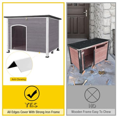 Insulated Wooden Dog Kennel Dog House with PVC Curtain and Removable Floor for Easy Cleaning (Large)