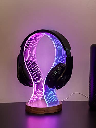 YuanDian Headphone Stand, Walnut Wood Headset Holder with Blue Pink LED Night Light for Gamers, Men, and Music Lovers - Perfect Desk Gift Idea - WoodArtSupply