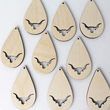 ALL SIZES BULK (12pc to 100pc) Unfinished Wood Wooden Laser Teardrop Longhorn Steer Cow Cutout Dangle Earring Jewelry Blanks Charms Shape Crafts Made Texan Wood Crafts