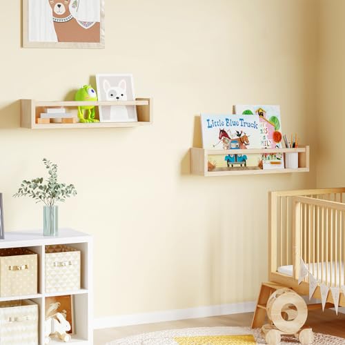 Fixwal Nursery Book Shelves, 2pcs 16.5 Inch Floating Bookshelves for Nursery Decor, Solid Wood Wall Mounted Shelves for Books, Toys and Decor Storage - WoodArtSupply