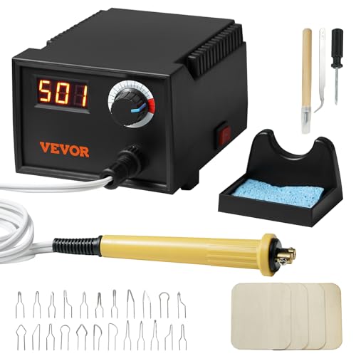 VEVOR Wood Burning Kit, 200~700°C Adjustable Temperature with Display, Wood Burner with 1 Pyrography Pen, 23 Wire Nibs, 1 Pen Holder, 4 Wood Chip, 1