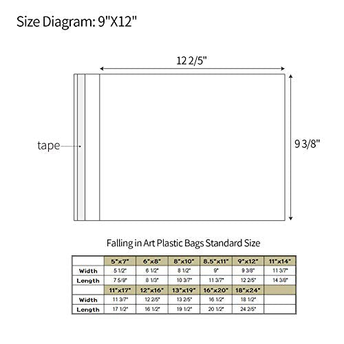 Falling in Art Acid Free 1.496mil (Single Side) Crystal Sealed Clear Bags for 9x12 Art Prints, Photos, 9 3/8 Inches by 12 2/5 Inches, 25-Pack - WoodArtSupply