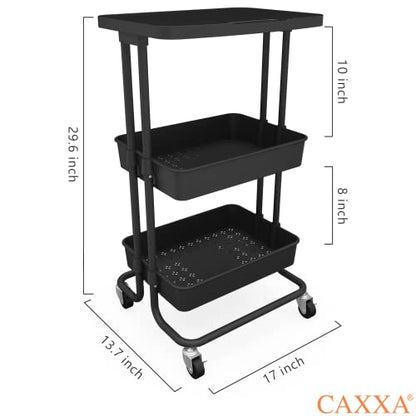 CAXXA 3-Tier Rolling Storage Organizer with Tabletop and 3 Small Baskets - Mobile Utility Cart, Printer Cart, Kitchen Cart (Black)