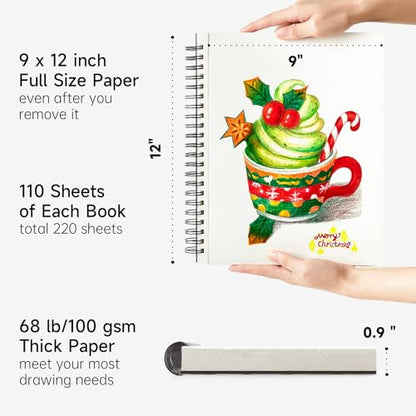 Shuttle Art 9x12” Sketchbook, 220 Sheets Total, Pack of 2(110 Sheets Each), 68lb/100gsm Thick Paper, Spiral Bound Mixedmedia Sketch Pad, Acid-free - WoodArtSupply