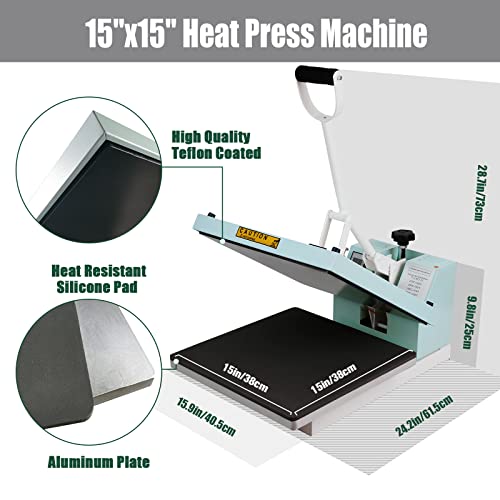 BetterSub Print T-Shirt Machine DIY Digital Industrial Quality Heat Press Machine Clamshell Transfer Sublimation Print Press Machine 15‘’x 15'' Teal - WoodArtSupply