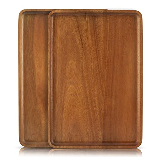 2 PCS Solid Acacia Wood Serving Trays Rectangular Wooden Serving Platters Natural Wooden Boards for Bar Coffee Party 13 * 9 inch Charmlife