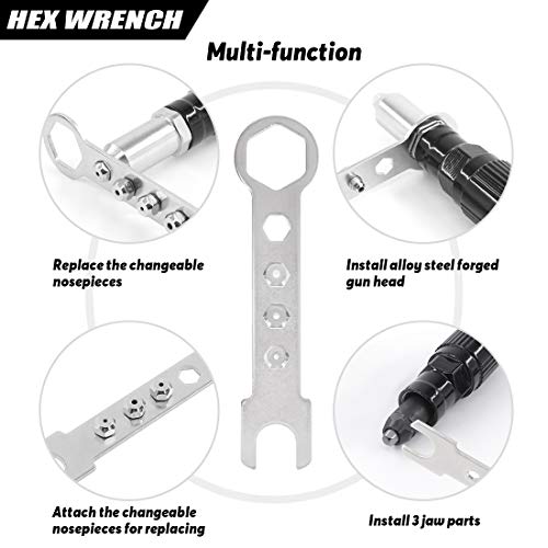 Swpeet 211Pcs Black Alloy Steel Electric Rivet Gun Adapter Kit, Including 2.4/3.2/4.0/4.8mm Diameter Rivet Head and Handle Wrench with 500Pcs Swpeet