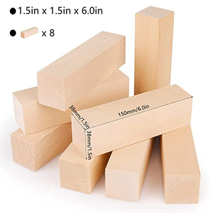 RHBLME 8PCS Basswood Carving Blocks, 6.0in x 1.5in x 1.5in Unfinished Wood Blocks for Carving, Wooden Carving Blocks Cubes Soft Solid Kit, Great for