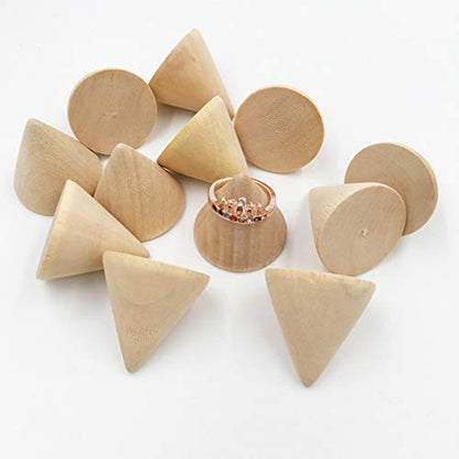 SEWACC 10pcs Unfinished Wooden Cones Natural Wood Cone Ring Holders Unpainted Wood Plain Stand Cone Blank Wooden Cones for DIY Crafts Drawing
