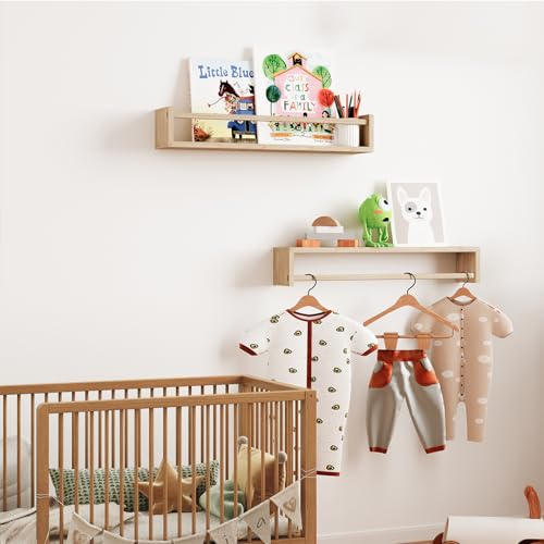 Fixwal Nursery Book Shelves, 2pcs 16.5 Inch Floating Bookshelves for Nursery Decor, Solid Wood Wall Mounted Shelves for Books, Toys and Decor Storage - WoodArtSupply