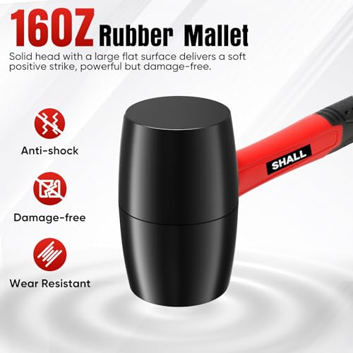SHALL 2-Piece Rubber Mallet Hammer Set, 16oz Rubber Hammer Mallet & 40mm Double-Faced Soft Mallet, Shockproof Fiberglass Handle with Cushion Grip, SHALL