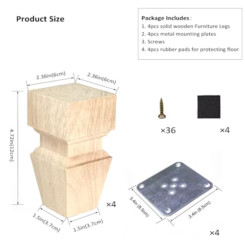 Aiminjey 4.72 Inch Wooden Furniture Legs with Mounting Plates Screws Set of 4 Solid Wood Unfinished Replacement Furniture Feet for Couch Cabinet Sofa Aiminjey