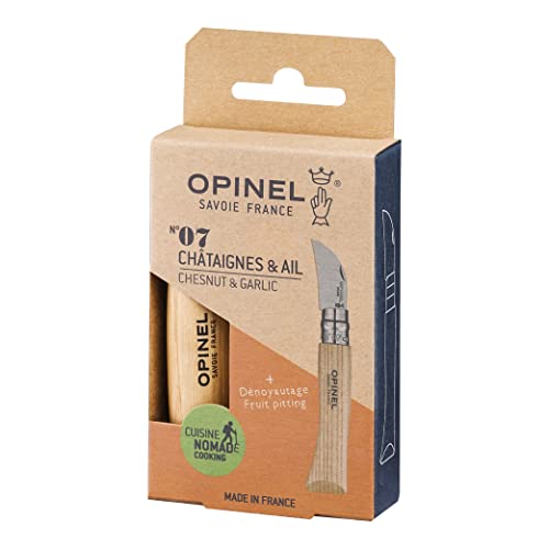 Opinel No.7 Folding Chestnut and Garlic Knife, European Chestnut Wood Handle, 12C27 Stainless Steel Blade - WoodArtSupply