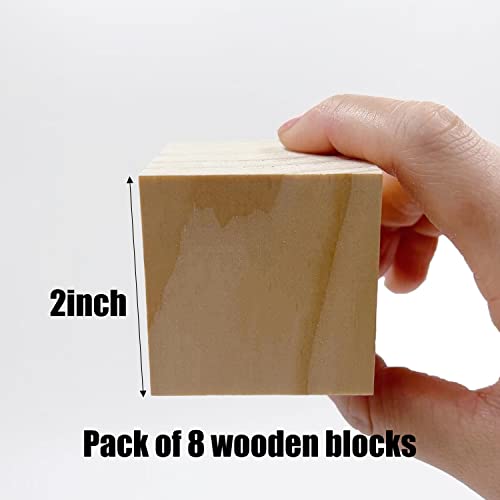 Wood Blocks for Crafts, Unfinished Wood Cubes, 2 Inch Natural Wooden Blocks, Pack of 8 Wood Square Blocks, Wooden Cubes for Arts and Crafts and DIY