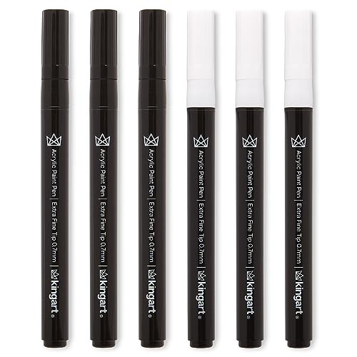 KINGART 453-6A PRO Black & White 6 Ct.(3 ea.) Extra Fine Paint Pens, 0.7mm Tip, Low-Odor Water-Based Quick Dry Acrylic Paint Markers for Rock, Wood, KINGART