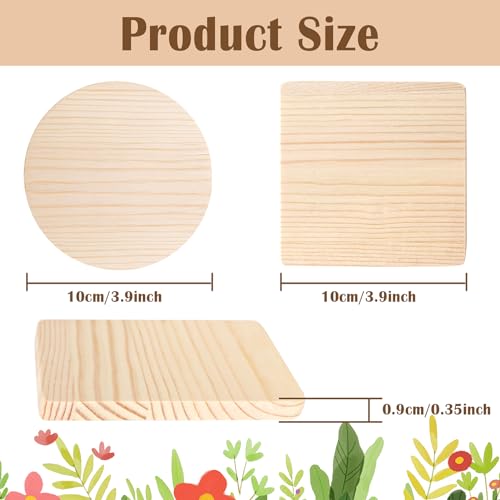20 Pieces Unfinished Wood Coasters, 4 Inch Square and Round Blank Wooden Coasters for Crafts with Non-Slip Silicon Dots for DIY Stained Painting Wood