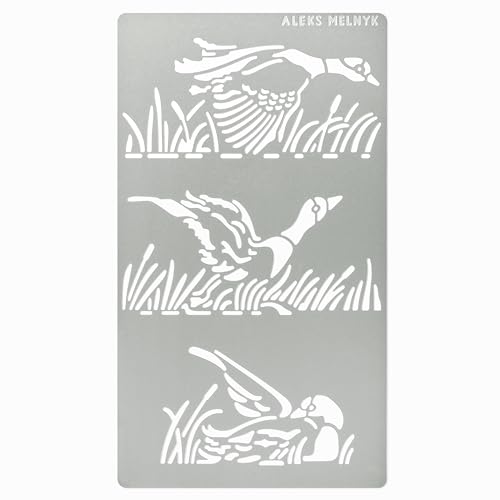 Aleks Melnyk No.473 Metal Stencil, Duck Flies Over Water and Reeds, Birds, Animals, Small Stencil, 1 PC, Template for Wood Burning, Engraving, - WoodArtSupply