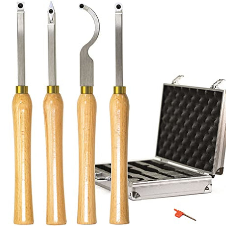 4pcs Mini Carbide Tipped Wood Lathe Turning tools Combo set Rougher Detailer Finisher Hollower with Wood Handle and Diamond Round Square Carbide Asieg Tool