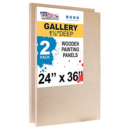 U.S. Art Supply 24" x 36" Birch Wood Paint Pouring Panel Boards, Gallery 1-1/2" Deep Cradle (Pack of 2) - Artist Depth Wooden Wall Canvases - U.S. Art Supply
