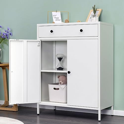 BESFUR Sideboard Buffet Cabinet, Accent Cabinet with Drawer, 39.3“H x 27.5”W x 15.7“D Metal Buffets & Sideboards for Living Room, Hallway - White