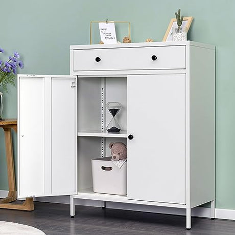 BESFUR Sideboard Buffet Cabinet, Accent Cabinet with Drawer, 39.3“H x 27.5”W x 15.7“D Metal Buffets & Sideboards for Living Room, Hallway - White BESFUR