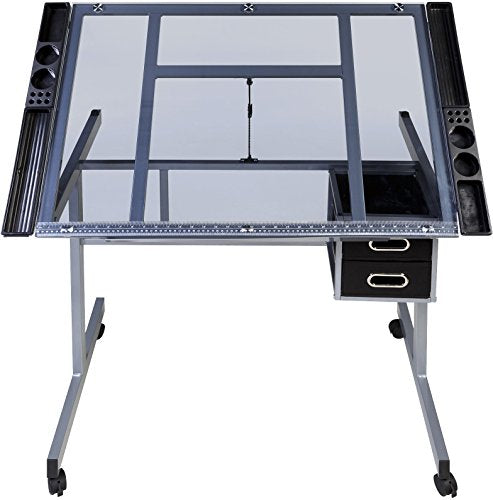 OneSpace Craft Station with Blue Glass Drafting, Silver OneSpace