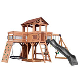 Backyard Discovery Sterling Point All Cedar Wooden Swing Set, Raised Clubhouse, Grey Wave Slide, Web Swing, Climbing Wall, 10ft Wave Slide, 2 Belt Backyard Discovery