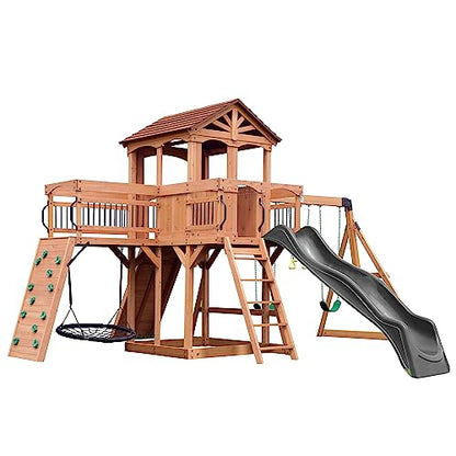 Backyard Discovery Sterling Point All Cedar Wooden Swing Set, Raised Clubhouse, Grey Wave Slide, Web Swing, Climbing Wall, 10ft Wave Slide, 2 Belt - WoodArtSupply