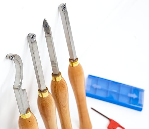 LLDSIMEX 4pcs Mini Carbide Tipped Wood Lathe Turning tools Combo set Rougher Detailer Finisher Hollower with Wood Handle and Diamond Round Square LLDSIMEX