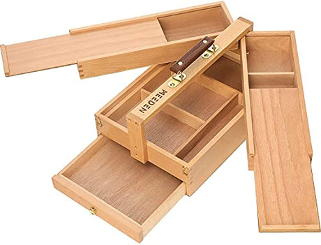 MEEDEN Artist Supply Storage Box - Portable Foldable Multi-Function Beech Wood Artist Tool & Brush Storage Box with Compartments & Drawer for MEEDEN