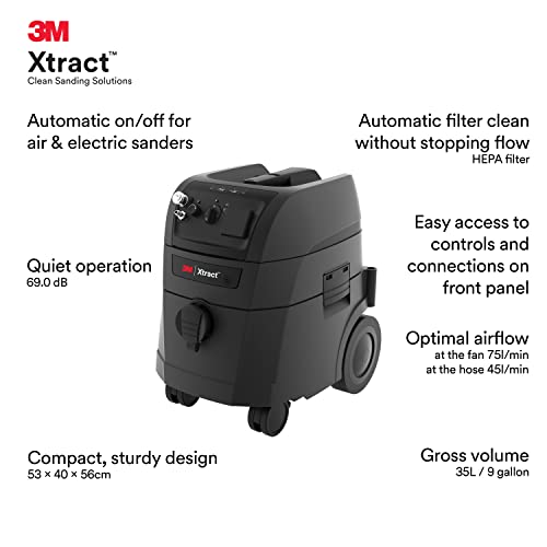 3M Xtract Portable Dust Extractor, 64256, 9 Gallon/35 Liter, Industrial Vacuum with Automatic Filter Clean Without Flow Stoppage, HEPA Filter, Xtract
