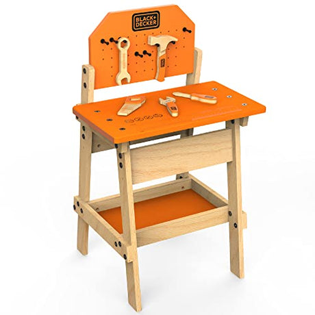 Black & Decker Kids Workbench and six Piece Wooden Tool Set for Girls and Boys, Pretend Play Construction Tools Black & Decker