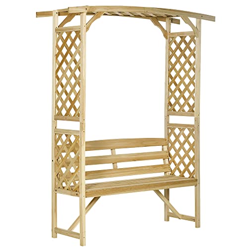 Outsunny Patio Garden Bench Arbor Arch with Pergola and 2 Trellises, 3 Seat Natural Wooden Outdoor Bench for Grape Vines & Climbing Plants, Backyard Outsunny
