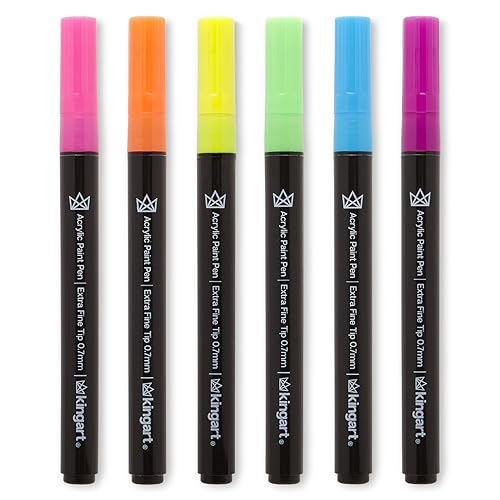 KINGART 453-6C PRO Neon 6 Ct. Extra Fine Paint Pens, 0.7mm Tip, 6 Fluorescent Acrylic Paint Markers, Low-Odor Water-Based Quick Dry Paint Markers for KINGART