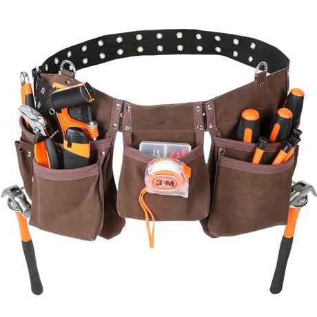 VEVOR 13 Pockets Tool Belt, Adjusts from 29 Inches to 54 Inches, Leather Heavy Duty Tool Pouch Bag with Dual Hammer Loops, Tool Bag for Electrician, VEVOR