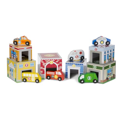 Melissa & Doug Nesting and Sorting Blocks - 6 Buildings, 6 Wooden Vehicles - Numbers Learning, Car Garage, Sorting And Stacking Toys For Toddlers Melissa & Doug