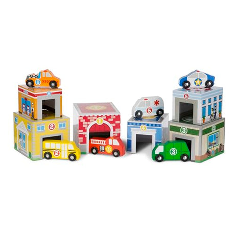 Melissa & Doug Nesting and Sorting Blocks - 6 Buildings, 6 Wooden Vehicles - Numbers Learning, Car Garage, Sorting And Stacking Toys For Toddlers Melissa & Doug