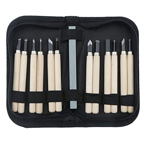 12Pcs Set Wood Carving Knives Tools Kit Unxuey Professional Carving Chisels Knife Kit with Protective Covers and Whetstone for Wood, Clay, Sculpting, Unxuey