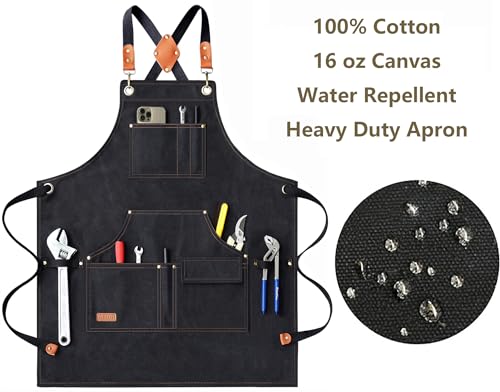 AFUN Work Aprons for Men with Large Pockets, Cotton Canvas Cross Back Heavy Duty Adjustable Tool Apron, Size M to XXL (Black) AFUN