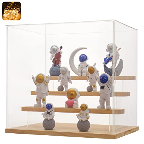 LASOA 4 Tier Acrylic Display Case for Collectibles, Alternative Glass Display Box with Wood Base and Lid, Self-Assembly Clear Shelf Showcase for