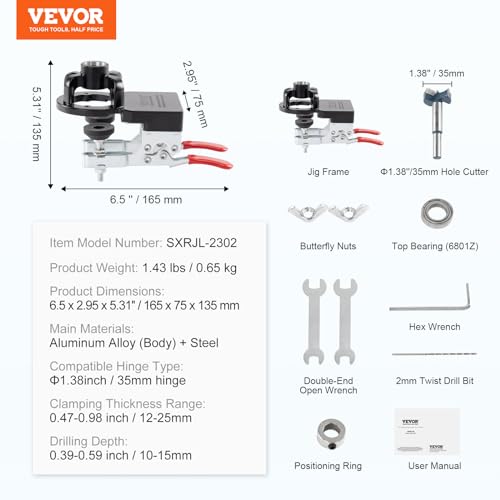 VEVOR 35 mm Concealed Door Hinge Jig, Aluminum Alloy Cabinet Hinge Jig, Accurate Locking Dual Clamp Fixation Hinge Drill Jig with Accessories, VEVOR
