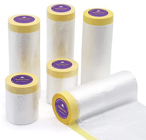 BOMEI PACK 6Rolls Pre-Taped Masking Film, Tape and Drape for Automotive Painting Covering, 3 Multi Size x 66Feet/ Roll - WoodArtSupply