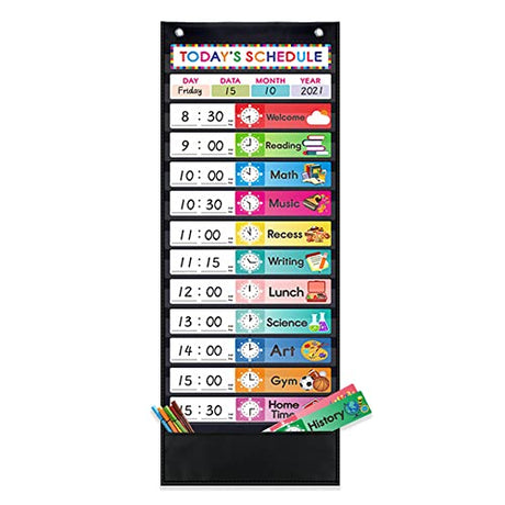 Amzoya Daily Schedule Pocket Chart. Kids Schedule Pocket Chart with 15 Dry-Eraser Cards. 13+1 Pockets. Schedule Pocket Chart for Classroom & Home Amzoya