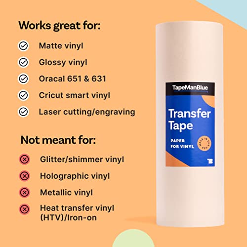 12" x 100' Roll of Paper Transfer Tape for Vinyl, Made in America, Premium-Grade Transfer Paper for Vinyl with Layflat Adhesive for Cricut Vinyl TapeManBlue