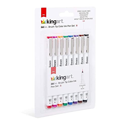 KINGART 440-8 PRO Inkline Color Micro Line & Precision Graphic Pens, 8 Colors, Fine Pt. Brush Nibs, Archival Waterproof Japanese Ink for Art, KINGART