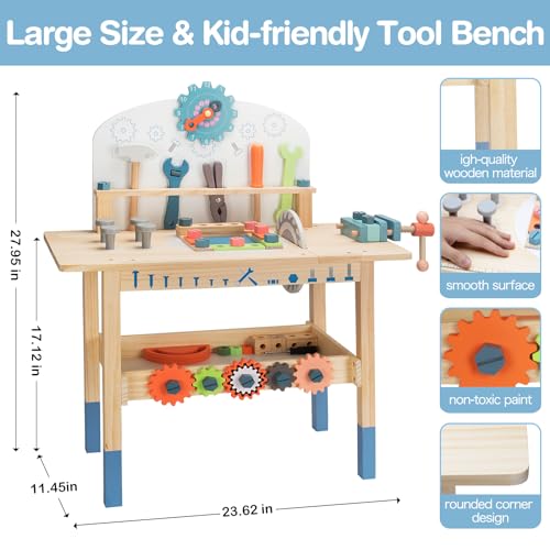 V-Opitos Large Wooden Tool Bench Toys for Kids, Toddler Workbench Pretend Toy with Tools Set for Pretend Play, Ideal Christmas, Birthday Gifts for 3, - WoodArtSupply