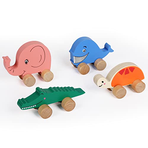 TOWO Wooden Cars for Toddlers - Animals on Wheels - Vehicles Sensory Grasping Motor Skill Toy –Push and Go First Trucks for Baby 12 Months 1 Year Old Toys of Wood Oxford