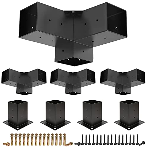 Kinchoix Pergola Brackets, 4 Pack Woodworks Pergola Kit 3-Way Right Angle Corner Bracket with Pergola Post Base for 4x4'' (Actual: 3.5x3.5'') Wood - WoodArtSupply