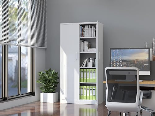 Fesbos Metal Storage Cabinet-71” Tall Steel File Cabinets with Lockable Doors and Adjustable Shelves-White Steel Storage Cabinet for Home, School, Fesbos