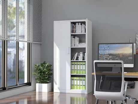 Fesbos Metal Storage Cabinet-71” Tall Steel File Cabinets with Lockable Doors and Adjustable Shelves-White Steel Storage Cabinet for Home, School, Fesbos